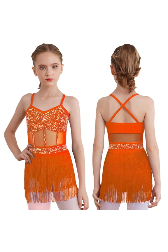Girls Sparkly Rhinestone Tassel Dress Latin Jazz Ballroom Salsa Dance Leotard Fringe Skirted Fluorescent Orange 6