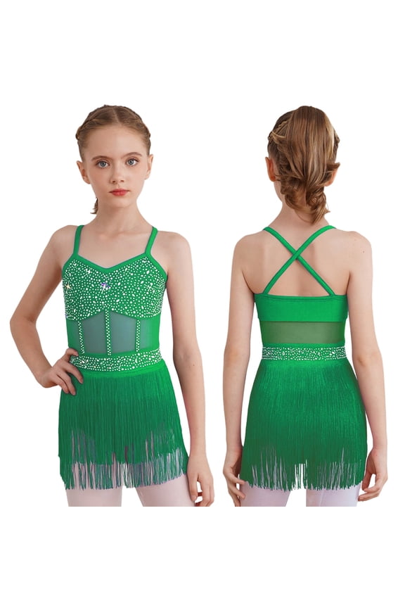 Girls Sparkly Rhinestone Tassel Dress Latin Jazz Ballroom Salsa Dance Leotard Fringe Skirted Green 6