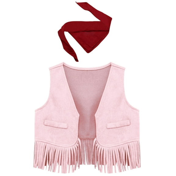 iiniim Girls Sleeveless Tassels Western Cowgirls Vest with Bandanna 2-Piece Cowboy Outfits Pink 3T