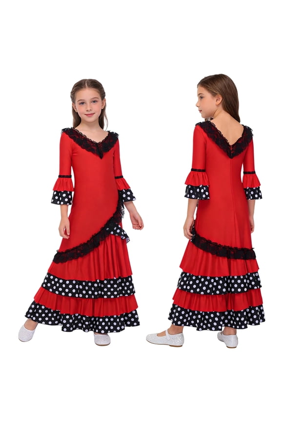 Girls Spanish Flamenco Dance Lace Trim Ruffle Sleeve Folklorico Latin Dancer Dress for Performance Red 10