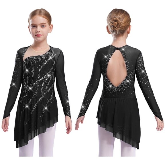 iiniim Girls Sparkly Figure Ice Skating Dress Mesh Long Sleeve Irregular Hem Ballet Lyrical Ballroom Dancewear Black 16
