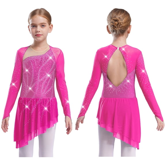 iiniim Girls Sparkly Figure Ice Skating Dress Mesh Long Sleeve Irregular Hem Ballet Lyrical Ballroom Dancewear Hot Pink 6