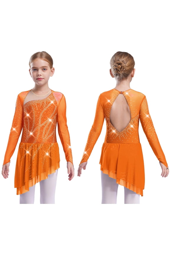Girls Sparkly Figure Ice Skating Dress Mesh Long Sleeve Irregular Hem Ballet Lyrical Ballroom Dancewear Orange 14