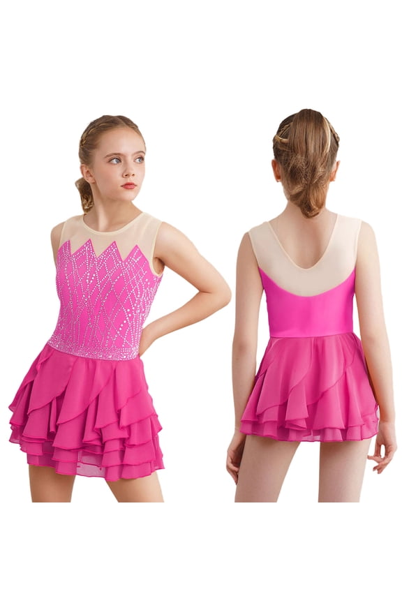 Girls Sparkly Figure Skating Sleeveless Ruffle Tiered Skirt Shiny Ice Skating Dress Dancewear Hot Pink 4
