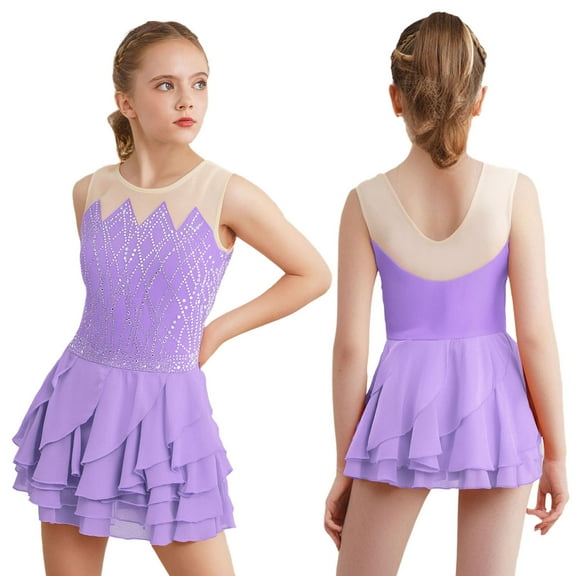 iiniim Girls Sparkly Figure Skating Sleeveless Ruffle Tiered Skirt Shiny Ice Skating Dress Dancewear Light Purple 12