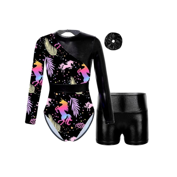 iiniim Girls Sparkly Gymnastics Leotards 3Pcs Athletic Bodysuit with Tumbling Shorts and Scrunchie Black 14
