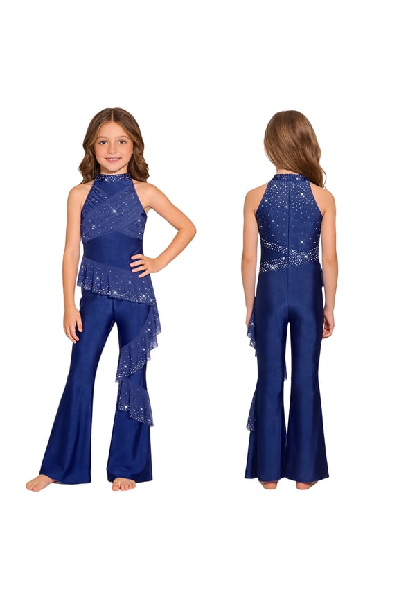 Girls Sparkly Latin Jazz Dance Bodysuit Wide Leg Jumpsuit Party Bell-Bottom Pants Romper Overalls Navy Blue 6