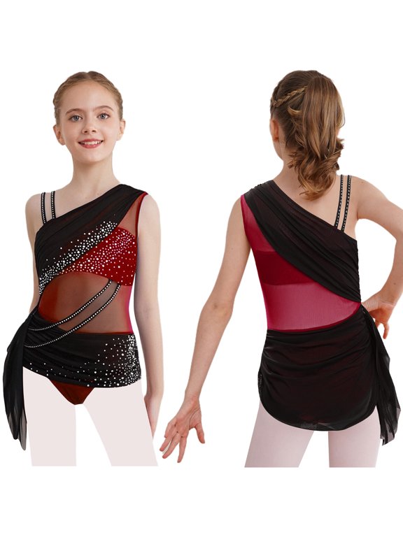Girls Sparkly Lyrical Dance Sleeveless Asymmetrical Gymnastics Leotard Ruched Ballet Dress Burgundy 10