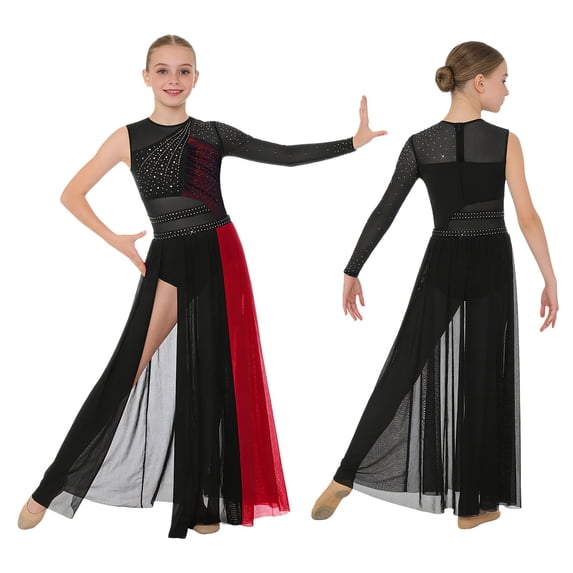 iiniim Girls Sparkly Rhinestones Figure Skating One Long Sleeve Flowy Mesh Lyrical Dance Dress with Back Zipper Black 8