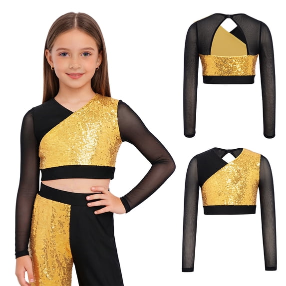 iiniim Girls Sparkly Sequins Lyrical Hip Hop Jazz Dance Crop Top Mesh Patchwork Long Sleeve Tees Shirts Blouse Gold 8