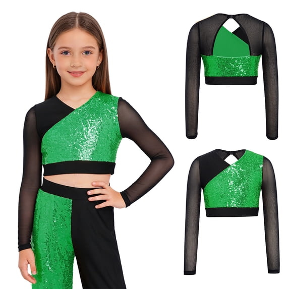 iiniim Girls Sparkly Sequins Lyrical Hip Hop Jazz Dance Crop Top Mesh Patchwork Long Sleeve Tees Shirts Blouse Green 12