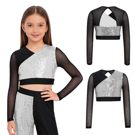 iiniim Girls Sparkly Sequins Lyrical Hip Hop Jazz Dance Crop Top Mesh Patchwork Long Sleeve Tees Shirts Blouse Silver 8