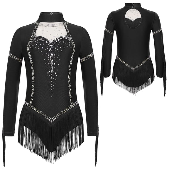 iiniim Girls Sparkly Tassel Long Sleeve Gymnastics Leotard Latin Jazz Samba Salsa Dance Bodysuit Skating Dancewear Black 8