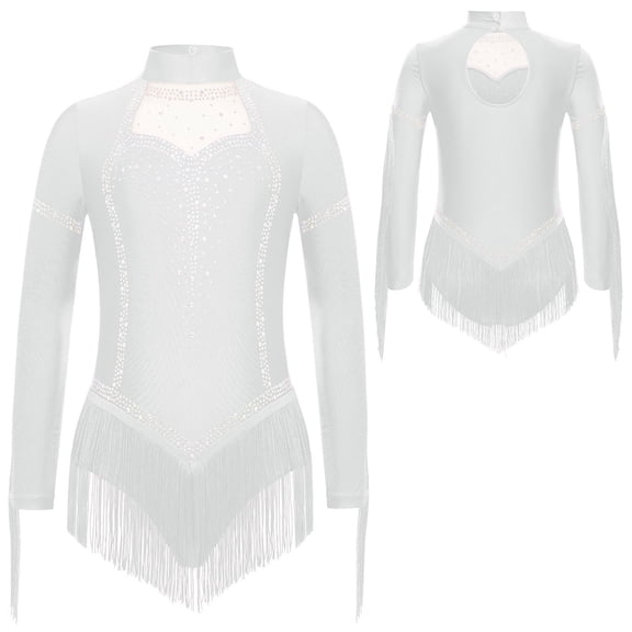 iiniim Girls Sparkly Tassel Long Sleeve Gymnastics Leotard Latin Jazz Samba Salsa Dance Bodysuit Skating Dancewear Ivory 6