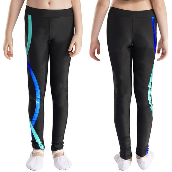 iiniim Girls' Stretch Legging Pants Kids Toddler Striped Print Long Trousers Size 6-16 Black&Blue 12