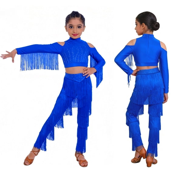 iiniim Girls Tassel Crop Tops and Fringe Pants Set for Performance Latin Dance 2 Pcs Ballroom Outfits Royal Blue 6