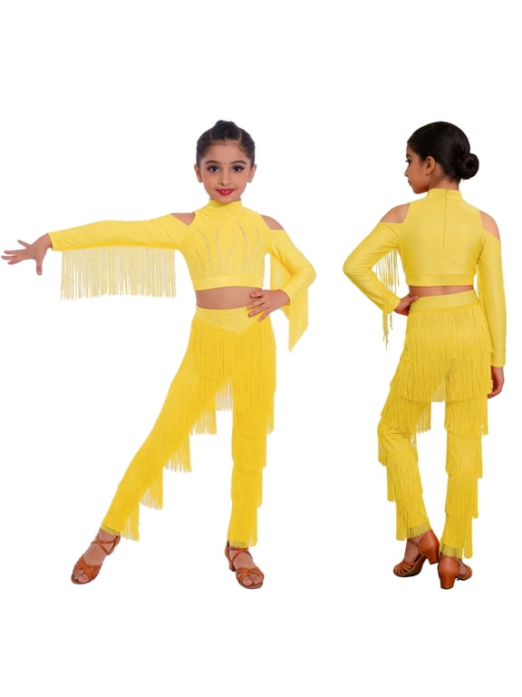 Girls Tassel Crop Tops and Fringe Pants Set for Performance Latin Dance 2 Pcs Ballroom Outfits Yellow 6