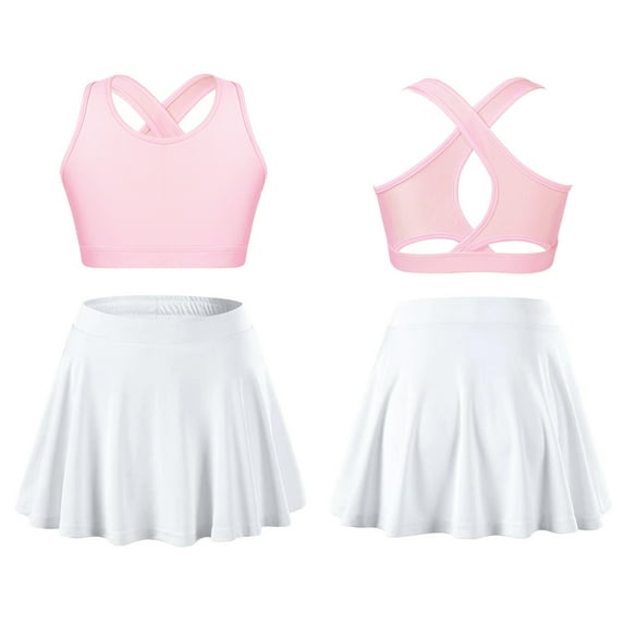 iiniim Girls Tennis Golf Sports Outfit Sleeveless U Neck Tank Top with Pleated Skort Skirt Set Tracksuit Size 4-14 Pink&White 12