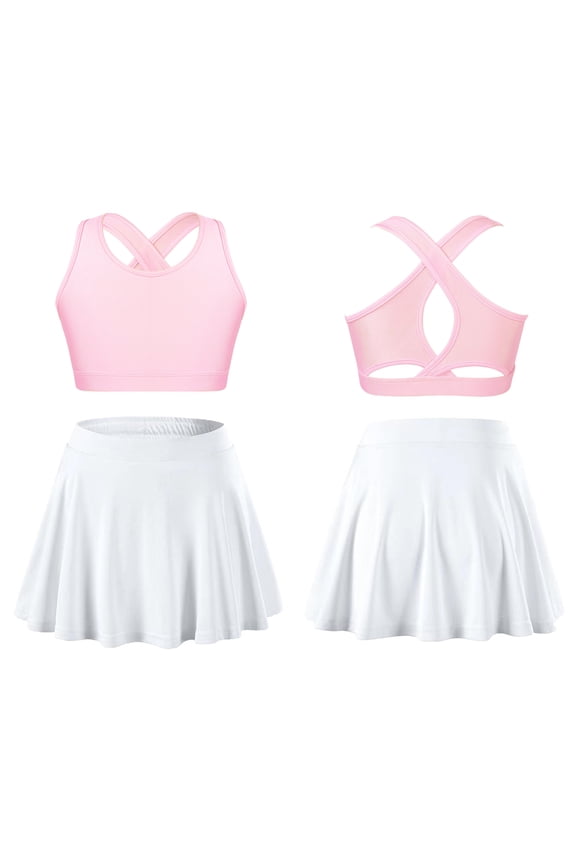 Girls Tennis Golf Sports Outfit Sleeveless U Neck Tank Top with Pleated Skort Skirt Set Tracksuit Size 4-14 Pink&White 6
