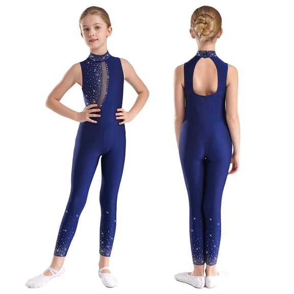 iiniim Girls Unitard Shiny Sleeveless Gymnastics Leotard Active Catsuit Dance Bodysuit Ballet Dancewear Navy Blue 8
