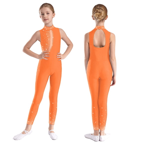 iiniim Girls Unitard Shiny Sleeveless Gymnastics Leotard Active Catsuit Dance Bodysuit Ballet Dancewear Orange 6
