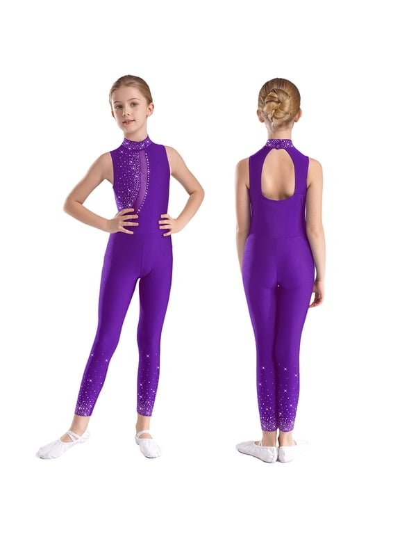 Girls Unitard Shiny Sleeveless Gymnastics Leotard Active Catsuit Dance Bodysuit Ballet Dancewear Purple 6
