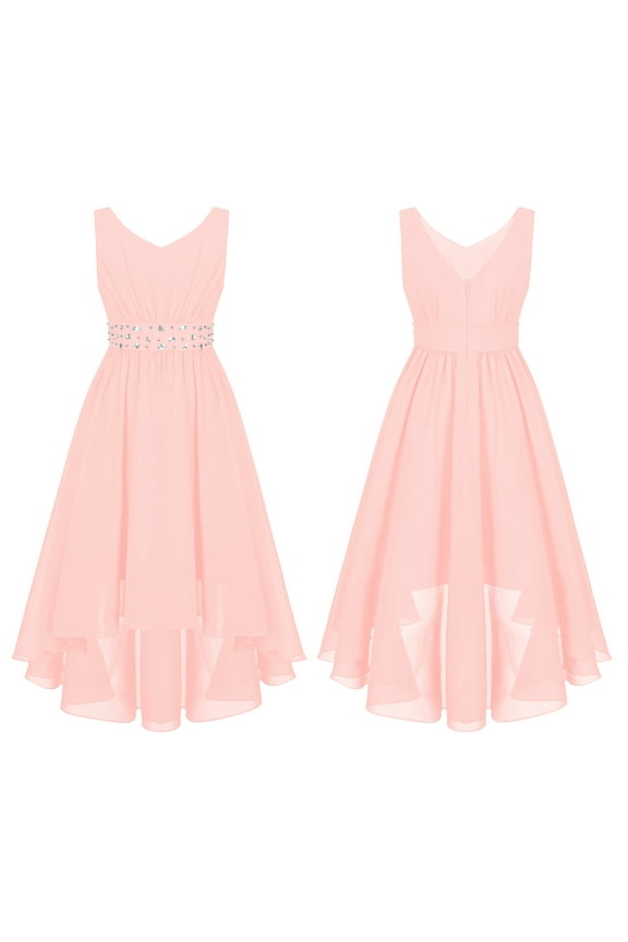 Girls V Neck Chiffon Asymmetrical Prom Party Flower Girls Bridesmaid Wedding Dress Pink 6