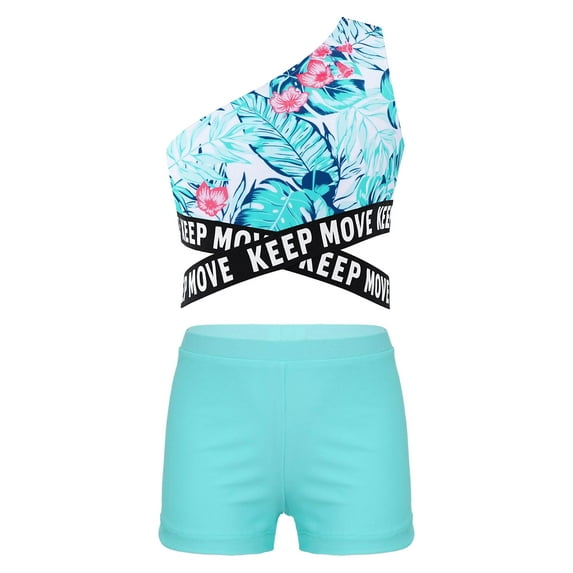 iiniim Girls Waist Cutout Swimsuit Single Shoulder Crop Top with Elastic Waistband Shorts 8-14 Leaf 8