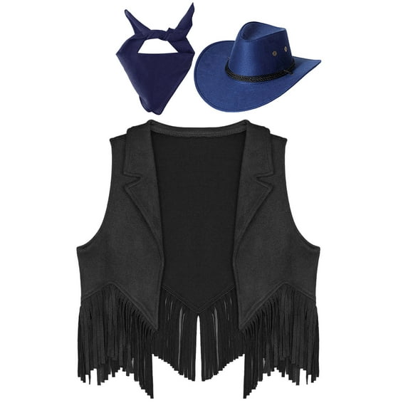 iiniim Girls Western Cowgirl Cowboy Outfit Kids Sleeveless Jacket Vest with Cowboy Hat Bandana Black&Blue 12