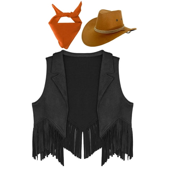 iiniim Girls Western Cowgirl Cowboy Outfit Kids Sleeveless Jacket Vest with Cowboy Hat Bandana Black&Orange 10