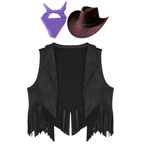 iiniim Girls Western Cowgirl Cowboy Outfit Kids Sleeveless Jacket Vest with Cowboy Hat Bandana Black&Purple 14
