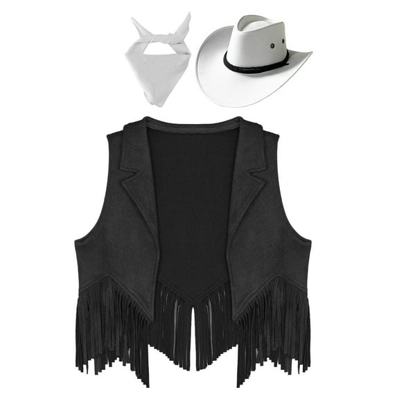 iiniim Girls Western Cowgirl Cowboy Outfit Kids Sleeveless Jacket Vest with Cowboy Hat Bandana Black&White 8