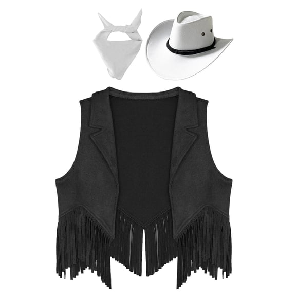 iiniim Girls Western Cowgirl Cowboy Outfit Kids Sleeveless Jacket Vest with Cowboy Hat Bandana Black&White 8