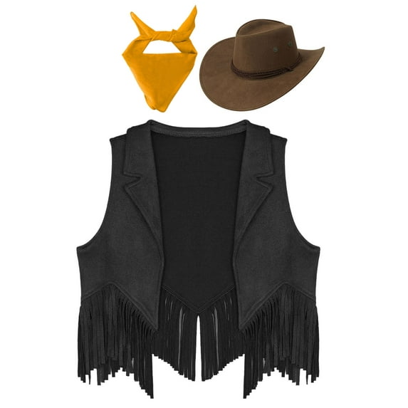 iiniim Girls Western Cowgirl Cowboy Outfit Kids Sleeveless Jacket Vest with Cowboy Hat Bandana Black&Yellow 16