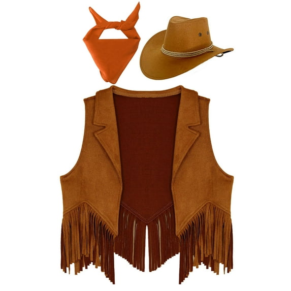 iiniim Girls Western Cowgirl Cowboy Outfit Kids Sleeveless Jacket Vest with Cowboy Hat Bandana Brown&Orange 16