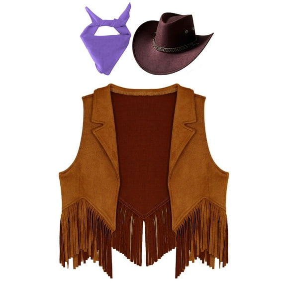 iiniim Girls Western Cowgirl Cowboy Outfit Kids Sleeveless Jacket Vest with Cowboy Hat Bandana Brown&Purple 16