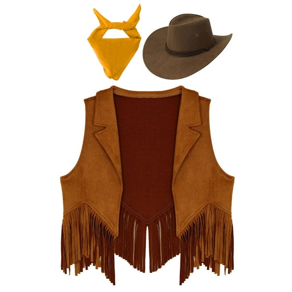 iiniim Girls Western Cowgirl Cowboy Outfit Kids Sleeveless Jacket Vest with Cowboy Hat Bandana Brown&Yellow 14