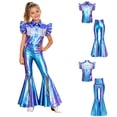 thumbnail image 1 of iiniim Girls Western Cowgirl Outfit Ruffled Sleeves Press Buttons Tassel Metallic Tops with Split Bell-bottom Pants for Theme Party Blue 10, 1 of 7