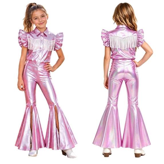 iiniim Girls Western Cowgirl Outfit Ruffled Sleeves Press Buttons Tassel Metallic Tops with Split Bell-bottom Pants for Theme Party Pink 16