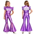 thumbnail image 1 of iiniim Girls Western Cowgirl Outfit Ruffled Sleeves Press Buttons Tassel Metallic Tops with Split Bell-bottom Pants for Theme Party Purple 8, 1 of 7