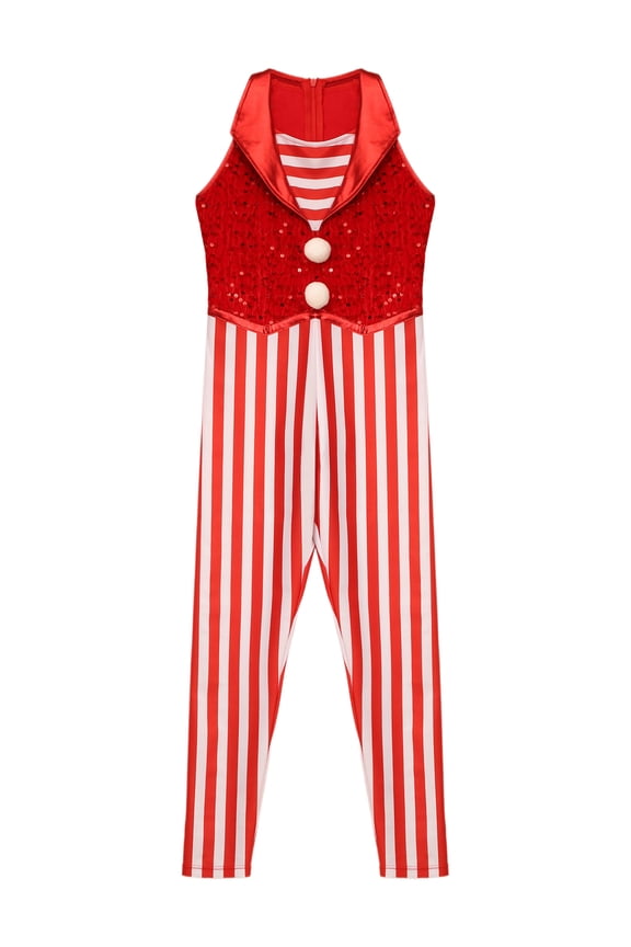 Girls Xmas Costume Gymnastic Leotard Sleeveless Striped Sequined Jumpsuit Red 10