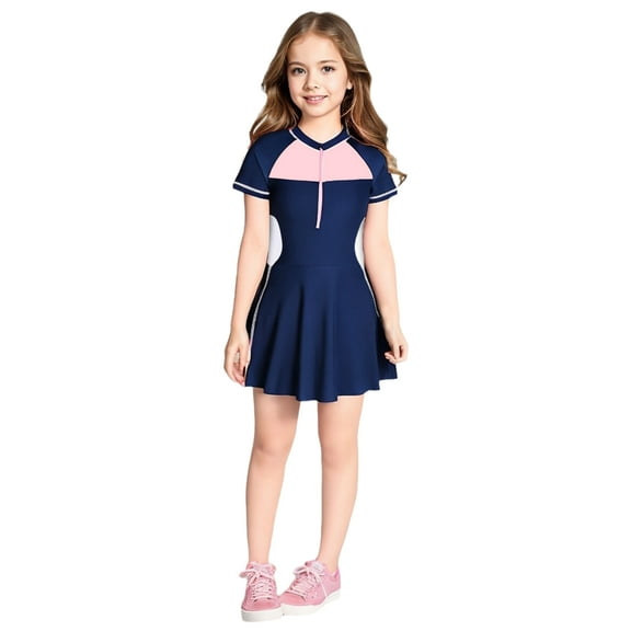 iiniim Girls Zipper Beachwear Short Sleeve Swimsuit One Piece Ruffle Boyshort Skirts Swimwear Dark Blue XXL