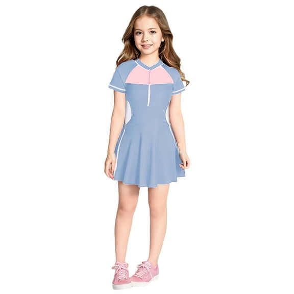 iiniim Girls Zipper Beachwear Short Sleeve Swimsuit One Piece Ruffle Boyshort Skirts Swimwear Light Blue 4XL