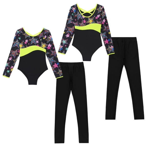 iiniim Graffiti Printed Long Sleeve Leotard for Girls Gymnastics Dancewear Ballet Training Outfit 6-16 Fluorescent Yellow 8