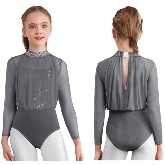 iiniim Gymnastics Leotard for Girls Sparkly Sheer Mesh Long Sleeve Figure Skating Bodysuit One Piece Jumpsuit Grey 10