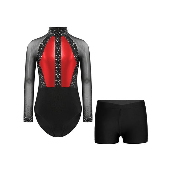 iiniim Gymnastics Leotards for Girls Dance Long Sleeve Unitards Sparkly Bodysuit with Shorts Outfits Red&Black 6