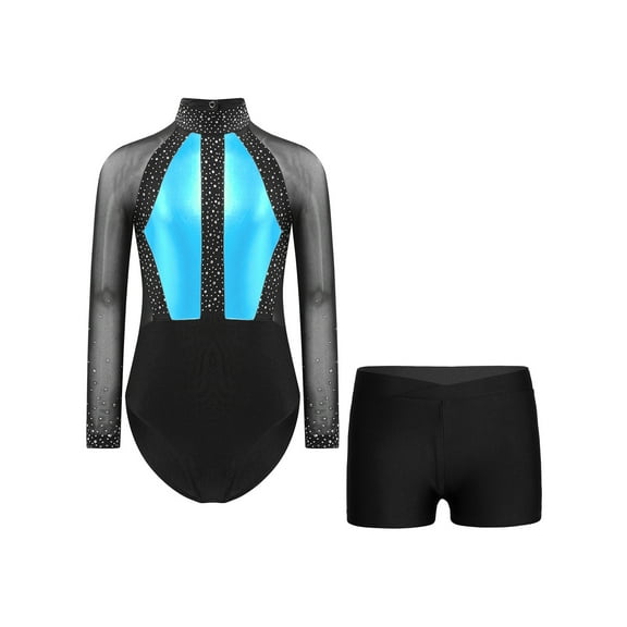 iiniim Gymnastics Leotards for Girls Dance Long Sleeve Unitards Sparkly Bodysuit with Shorts Outfits Sky Blue&Black 6