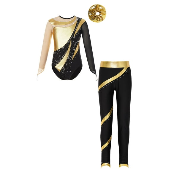 iiniim Gymnastics Leotards for Girls Long Sleeve Dance Leotard with Leggings and Hair Band Ballet Dancewear Gold 6