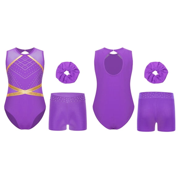 iiniim Gymnastics Leotards for Girls Sleeveless Bodysuit with Shorts and Headband Dancewear Set Purple 6