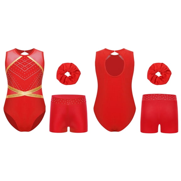 iiniim Gymnastics Leotards for Girls Sleeveless Bodysuit with Shorts and Headband Dancewear Set Red 8